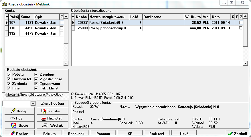 OBCIĄŻENIA I KONTA 12.3. OBCIĄŻENIA Rysunek 128. Obciążenia meldunków Można obciążenia w dowolnym momencie dodać ręcznie do konta gościa lub firmy.