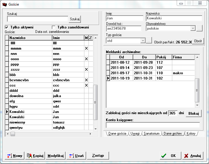 ARCHIWUM Rysunek 162. Meldunki archiwalne gościa 16.2. FIRMY Chcąc dodać firmę do archiwum, należy wcisnąć skrót klawiszowy CTRL+F lub wybrać z menu głównego systemu Archiwum -> Firmy.