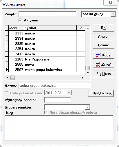 ARCHIWUM Rysunek 169. Dodawanie grupy do archiwum 16.5. GRUPY MELDUNKI\OBCIĄŻENIA Okno zawiera informacje o przebywających obecnie lub archiwalnych grupach osób zameldowanych.