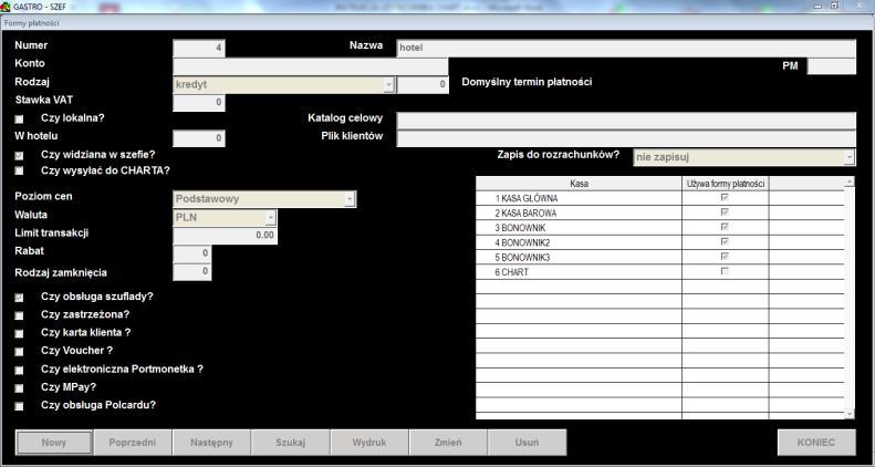 WSPÓŁPRACA Z PROGRAMAMI MAGAZYNOWYMI W przypadku połączenia Gastro POS a z Gastro Szefem, zalecane jest zdefiniowanie formy płatności, która pełnić będzie rolę kredytu hotelowego, w programie Gastro