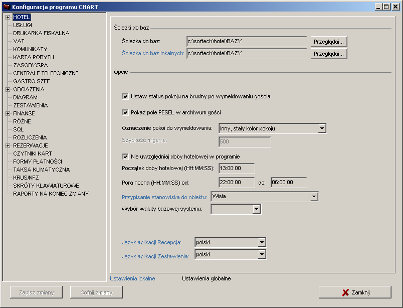 KONFIGURACJA 24.1. ZAKŁADKA HOTEL Ścieżki do baz: ścieżki skąd wczytywane są pliki licencji i tworzone lokalne katalogi.