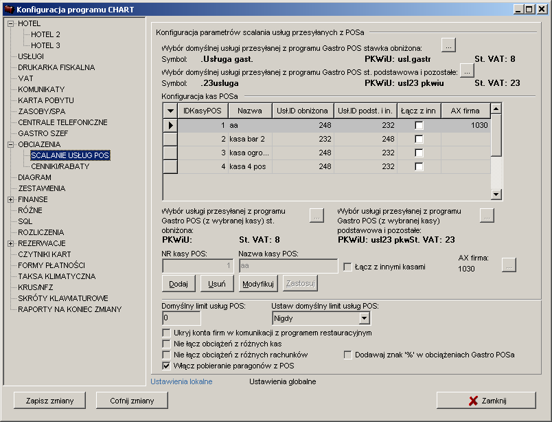 KONFIGURACJA Wybór domyślnej usługi przesyłanej z programu Gastro POS stawka obniżona: usługa z której pobierane są symbol nazwa stawka VAT do utworzenia obciążenia za usługi POS na koncie gościa.