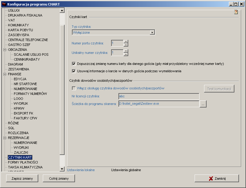 KONFIGURACJA 24.20. ZAKŁADKA CZYTNIKI KART Typ czytnika (Wyłączone, Czytnik ASEC, BIBI/SAS): włącza obsługę czytników kart, służących do identyfikacji gościa w programie.