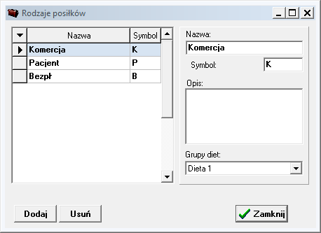 KONFIGURACJA HOTELU Rysunek 34. Rodzaj posiłku W rodzajach posiłków należy zdefiniować wszystkie rodzaje serwowanych posiłków, np. normalny, komercja, dietetyczny.