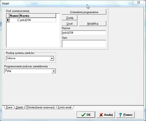 ZAMKI HOTELOWE 6.2. ZAMKI INHOVA W konfiguracji programu z menu Ustawienia -> Hotel wybrać zakładkę Zamki. Rysunek 54. Konfiguracja systemu zamków Inhova W polu Rodzaj systemu zamków wybrać Inhova.