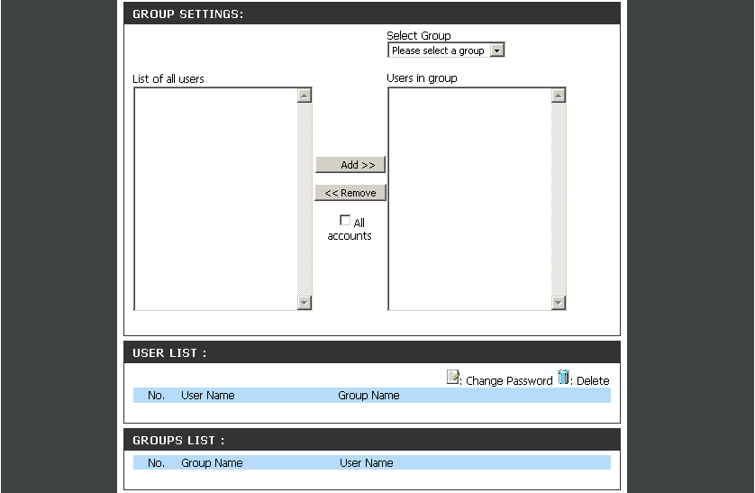 4.4.6 Advanced > Users and Groups Sekcja umoŝliwia utworzenie kont uŝytkowników oraz grup oraz za pomocą menu dostępu do sieci (Network Access) przydzielenie im określonych praw (tylko odczytu lub