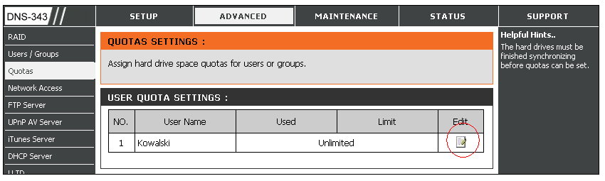 Ustawienia przydziałów dla uŝytkownika (User Quota Settings) w tej sekcji wyświetlone są wszystkie przydziały dyskowe dla uŝytkowników.