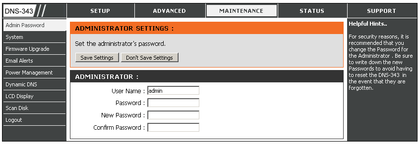 LLTD - zaznacz opcję Uruchom (Enable), aby włączyć serwer DHCP, lub Wyłącz (Disable) w przeciwnym wypadku. 4.4.14 Maintenance > Admin Password Sekcja pozwala na ustawienie i zmianę hasła administratora.