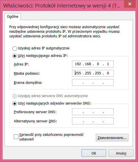 Strona 3 z 8 2. Zaznaczamy interfejs sieciowy związany z kartą sieciową Ethernet i otwieramy Właściwości (w menu kontekstowym po użyciu prawego przycisku myszy). 3. Zaznaczamy Protokół internetowy IPv4.