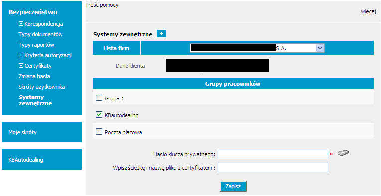 Ad.2. Funkcja nadania uprawnieo dostępowych do KB autodealing jest dostępna z poziomu uprawnieo SuperUsera - zakładka BEZPIECZEOSTWO w opcji SYSTEMY