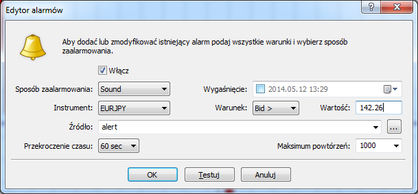 Musimy stworzyć alarmy dla wszystkich poziomów. Uwaga zawsze warto wziąć alarm wcześniej o kilka pipsów (tak nazywa się czwarta po przecinku cyfra w przypadku EUR/USD i 2 w przypadku EUR/JPY) od ceny.