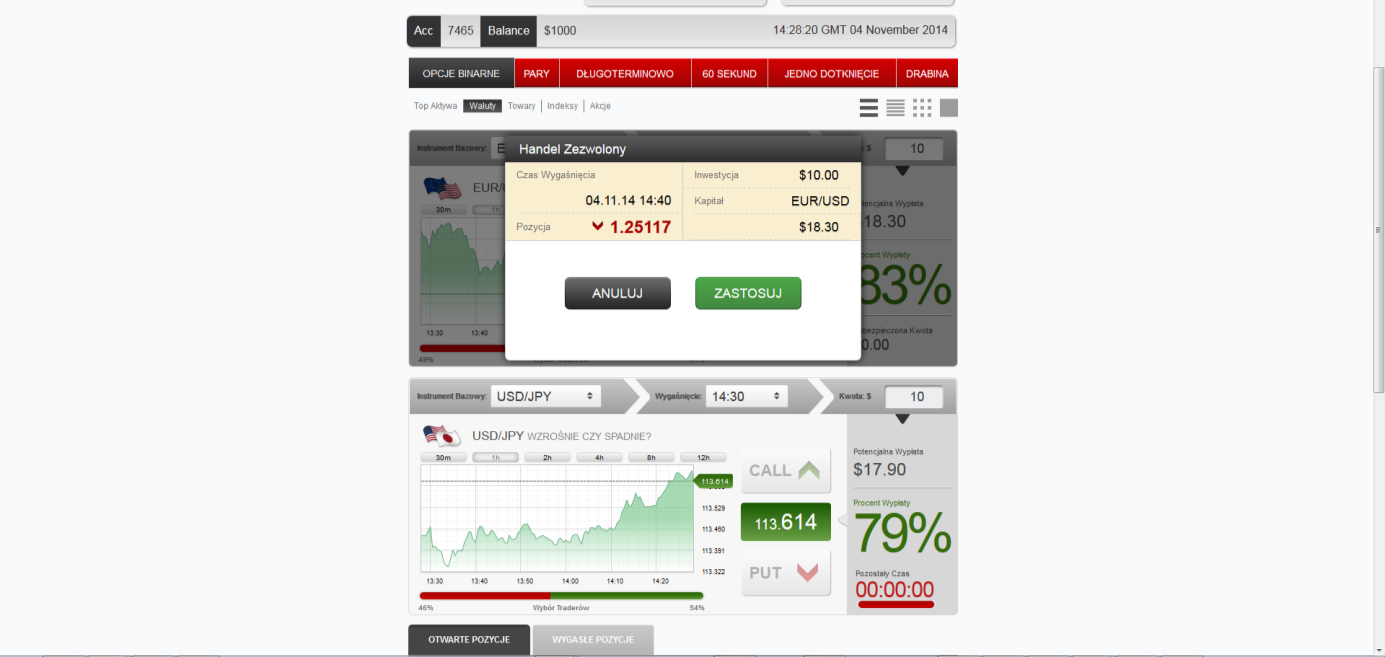 Po wybraniu czasu wygaśnięcia naciskamy przycisk PUT/CALL i wybieramy stawkę: Po wpisaniu stawki i kliknięciu "Zastosuj" opcja będzie otwarta.