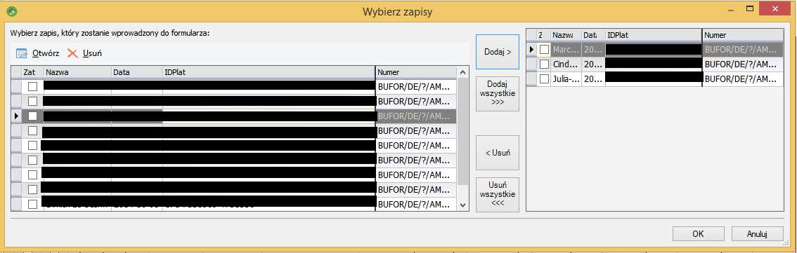 Po zakończeniu czynności importu zamówień, system powinien zwrócić okno pośrednie z możliwością multi-wyboru, gdzie możemy przeciągać faktury, te które chcemy faktycznie