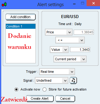 Alarmy cenowe Alarmy cenowe mogą informować użytkownika o zachodzących zmianach na wykresie w zależności od tego co dzieje się z ceną lub też powiadamiać o wybiciu wybranej godziny wg ustalonej