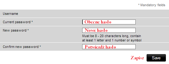 Zmiana hasła Aby zmienić hasło do logowania na platformę należy przejść do zakładki Password Management (zarządzanie hasłem) i wypełnić krótki formularz.