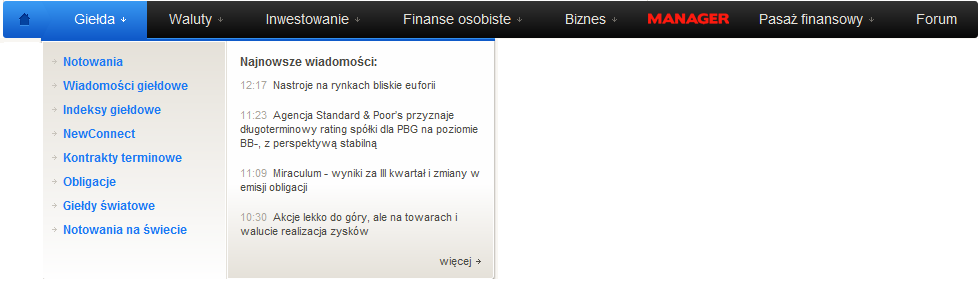 2. Standardowy dropdown menu został zastąpiony przez megadropdown, w którym pokazywane są nagłówki najnowszych wiadomości z danego działu.