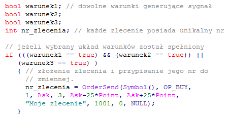 9.2 SKŁADANIE ZLECEŃ W momencie pojawienia się sygnału, który pozwala na złożenie zlecenia, konieczne jest wywołanie specjalnej funkcji transakcyjnej OrderSend(...) odpowiedzialnej za ten proces.