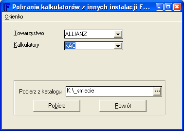Jeżeli mamy już ustalone katalogi możemy pobrać kalkulatory na 2 sposoby. Pierwszym (zalecanym) jest pobieranie z serwera: Wybieramy Towarzystwo i typ kalkulatora, który chcemy pobrać.