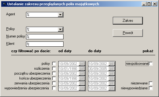 Wykaz taki można filtrować po: rodzaju polisy, numerze polisy, kliencie oraz po dacie polisy, dacie wniosku i dacie zerwania polisy.