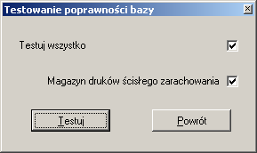 Test poprawności można wykonać na całej bazie danych lub tylko na magazynie wystarczy tylko zaznaczyć odpowiednią opcję.