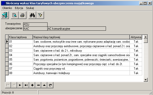 Dostępne pod: Ubezpieczenia \ Majątkowe \ Administracja \ Kalkulacja i drukowanie polis \ Pakiety \ Ubezpieczenia \ Parametry \ Klasy taryfowe-wykaz Strefy regionalne (taryfikacyjne) Strefy w