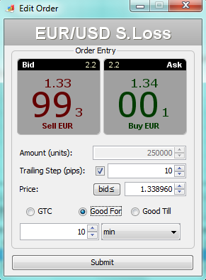 Stop Loss lub Add Take Profit (w tym samym miejscu można dokonać zmiany parametru poprzez Edit lub go anulować poprzez Cancel).