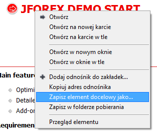 Następnie wystarczy kliknąć na pogrubiony napis JFOREX DEMO (lub LIVE) START i otworzyć aplikację. Na tej stronie zawsze znajduje się najnowsza wersja platformy.