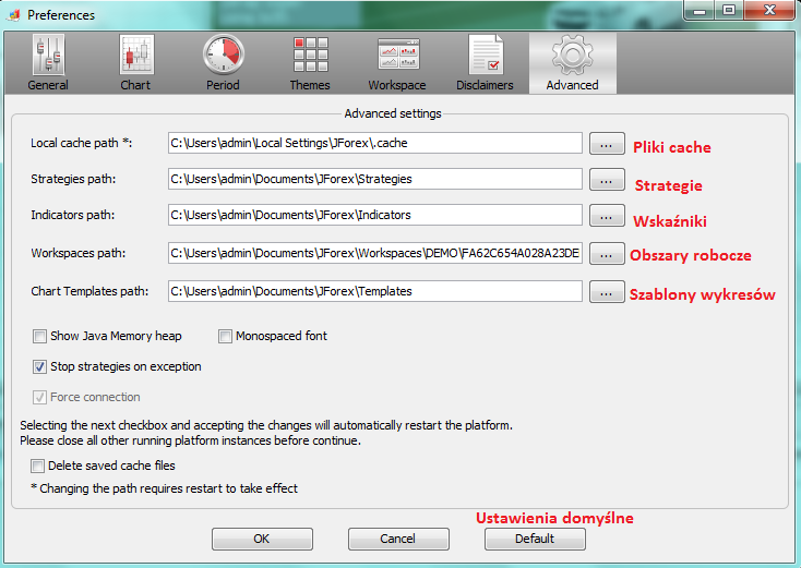 12.0. OPCJE ZAAWANSOWANE I ZASTRZEŻENIA PRAWNE Opcje zaawansowane Zaawansowane ustawienia JForex dostępne są w zakładce Tools -> Preferences -> Advanced.