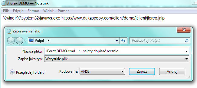 3) Zapisać plik z rozszerzeniem.cmd. Istnieje możliwość uruchomienia platformy ze zdefiniowanym loginem i hasłem.