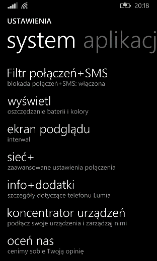 4. Konfiguracja rekomendowanych ustawień zabezpieczeń telefonu z Windows Phone 4.1 System W ramach sekcji możliwe jest szczegółowe konfigurowanie ustawień systemu Windows Phone. 4.1.1 Ekran + motyw W ramach dostępnych opcji można ustawić: Rys.