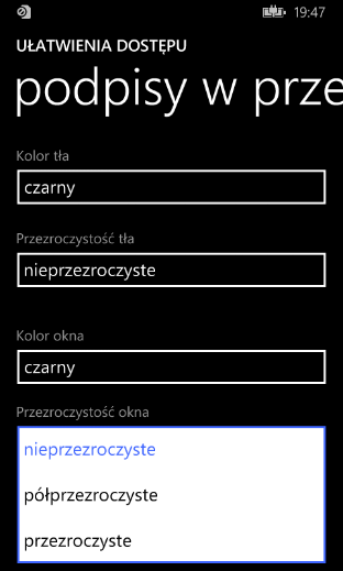 Rys. 45 Opcje ustawień Ułatwienia dostępu Wybór ustawień w ramach sekcji Ułatwienia dostępu z uwagi na ich przeznaczenie nie podlega ocenie ryzyka w zakresie zabezpieczeń urządzenia. 4.1.