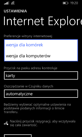 Rys. 63 Ustawienia Internet Explorer - wybór wersji Wybór ustawienia może wpływać na opcje zabezpieczeń urządzenia z uwagi na różnice w wykorzystywanych technologiach WWW.