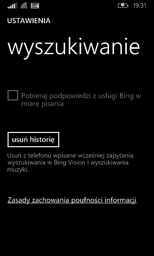 Rys. 85 Ustawienia opcji Wyszukiwania Włączenie funkcji lokalizacji zwiększa transfer danych oraz powoduje, że dane osobiste są wysyłane z urządzenia do źródeł korzystających z omawianych opcji.