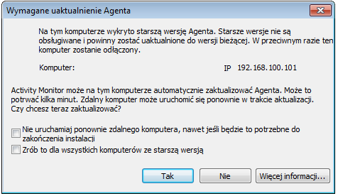 Automatyczna aktualizacja może być wykonana jedynie dla Agentów w wersji 5.2 lub nowszej. Dla starszych wersji będziesz musiał użyć metod opisanych dalej.