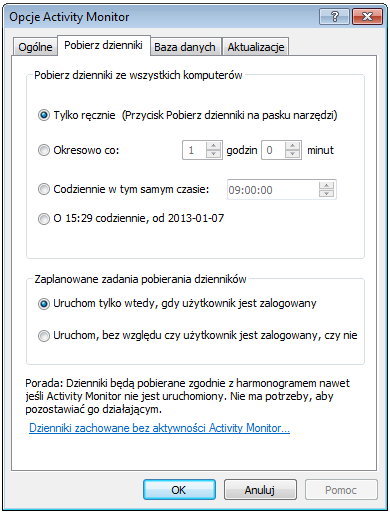 Pobieranie danych Activity Monitor pobiera dane, które tworzą dzienniki aktywności monitorowanych komputerów i zapisuje je w Centralnej bazie danych.