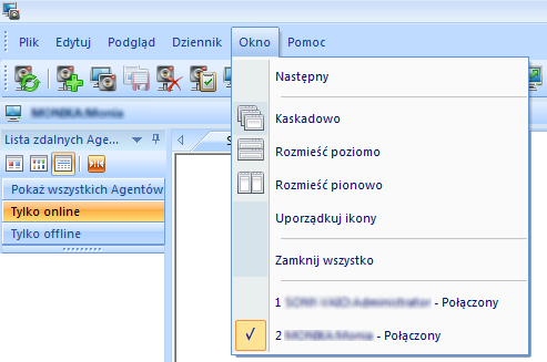 Pobierz dzienniki od wszystkich... Otwórz Centralną bazę danych... Pobierz pliki od Agenta... Zarządzaj Centralną bazą danych.