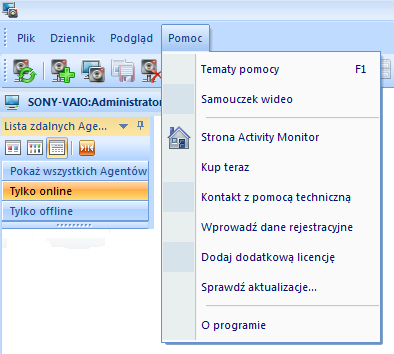 Wygląd aplikacji Umożliwia przełączenie widoku programu Activity Monitor z widoku klasycznego do współczesnego i odwrotnie. Kolumny Aktualizuj listę Agentów.