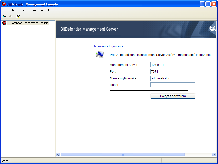 Ustawienia logowania Aby uzyskać połączenie z BitDefender Management Server, wypełnij następujące pola: Serwer zarządzania - wpisz adres IP instancji BitDefender Management Server, z którą chcesz się