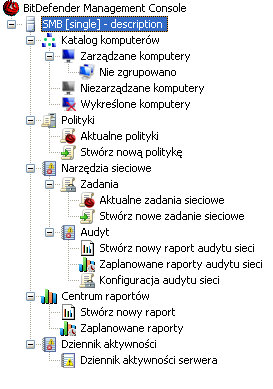 Drzewko Drzewko składa się z kilku pojemników, a każdy z nich zawiera określone obiekty. Pojemnik wyjściowy to BitDefender Management Console.
