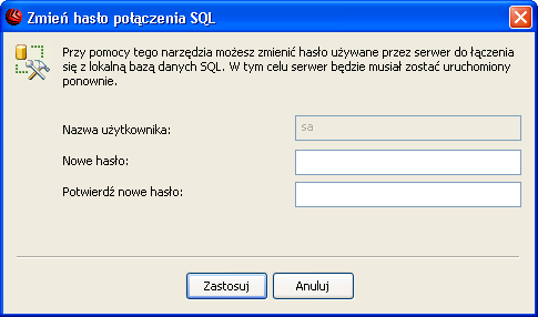 Hasło połączenia SQL W odpowiednie pole należy wpisać nowe