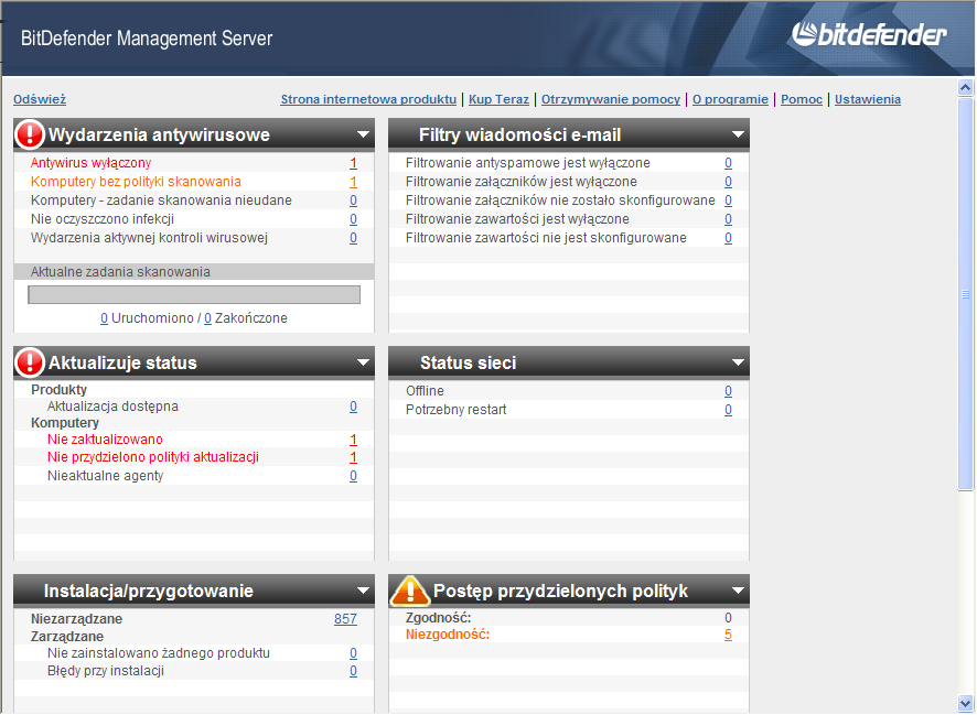 14. Pulpit zarządzania Przy każdorazowym połączeniu z BitDefender Management Server z użyciem pulpitu zarządzania lub kliknięciu na drzewku nazwy serwera, wyświetla się okno statusu.