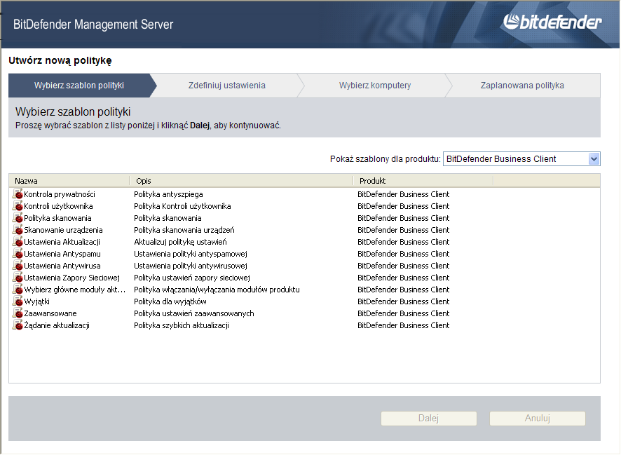 Tworzenie nowego okna polityki Szablony polityki są pogrupowane według produktu. Aby wybrać szablony polityki, które chcesz przejrzeć, użyj menu nad tabelą.