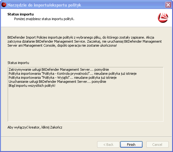 Krok 4 z 4 - Zakończenie Zakończ Poczekaj na zakończenie importowania i kliknij Zakończ.