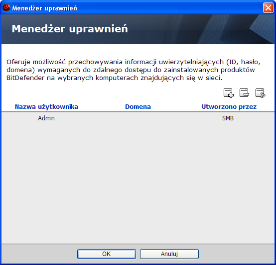 8.1. Menedżer uprawnień Aby zdalnie zainstalować BitDefender Management Agent, BitDefender Management Server wymaga referencji do uwierzytelnienia na komputerze zdalnym: nazwy użytkownika konta z