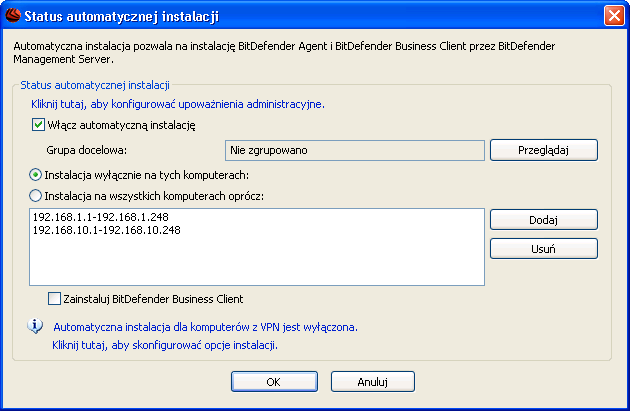 8.5. Status automatycznej instalacji Automatyczna instalacja pozwala BitDefender Management Server na automatyczną instalację BitDefender Management Agent i BitDefender Business Client na nowo