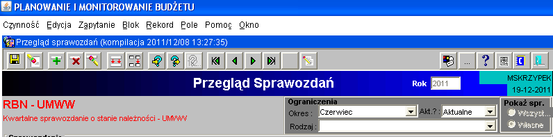 3.2. Okno sprawozdania jednostkowego - omówienie korzystania z ikon na górnym pasku ekranu widocznym na obrazie ekranu nr 6: obraz ekranu 6 Aktywne ikony w arkuszu sprawozdania jednostkowego - górnej