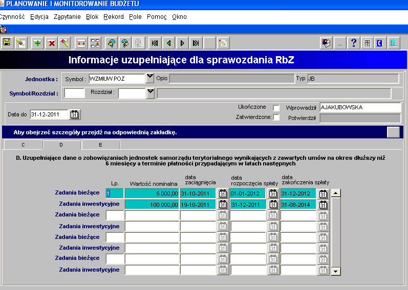 Obraz ekranu 11 Sprawozdanie jednostkowe Rb-Z z wypełnionymi Informacjami uzupełniającymi dla sprawozdania Rb-Z Aby sprawdzić prawidłowość wprowadzenia danych w informacjach uzupełniających należy