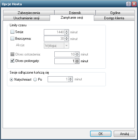 4.4.2. Zamykanie sesji Zamykanie sesji to druga zakładka opcji serwera. Wchodząc do niej otrzymujemy dostęp do opcji dotyczących automatycznego wygasania sesji.