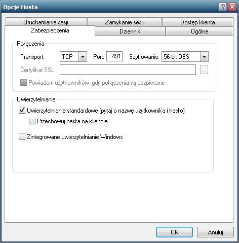 4.4.4. Zabezpieczenia Zakładka Zabezpieczenia pozwala skonfigurować ustawienia połączenia. Do wyboru jest protokół TCP oraz SSL. Można także wybrać port oraz szyfrowanie danych.