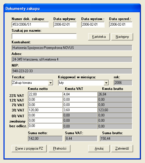 21 Rys. 2.9. Przyjmowanie faktury zakupu lub kosytowej 2.7. Funkcje administracyjne 2.7.1. Archiwizacja W menu Administracja/Archiwizacja dostępna jest funkcja archiwizacji danych programu.